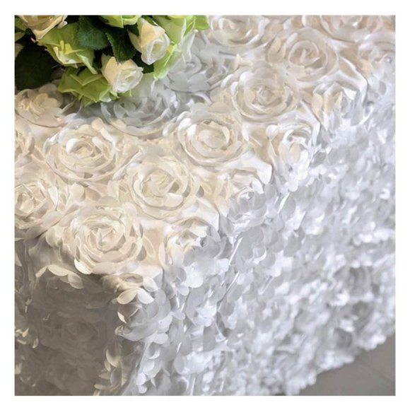 3D Floral White Rosette Tablecloth Rectangular 60 x102 Inches Floral Satin - Picture 4 of 5